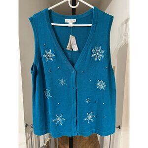 NWT VINTAGE Christopher & Banks Womens XL Snowflake Embroidered Teal Vest 55% Ra